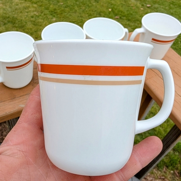 1970s Vintage CorningWare Cinnamon Chestnut D handle Striped Coffee Tea Mugs - Picture 2 of 6